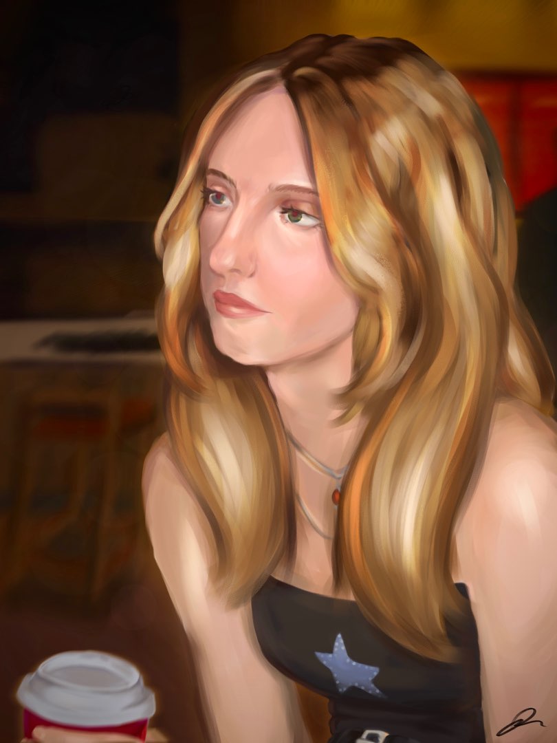 Digital painting of a young woman with long blonde hair holding a red coffee cup in a warmly lit coffee shop
