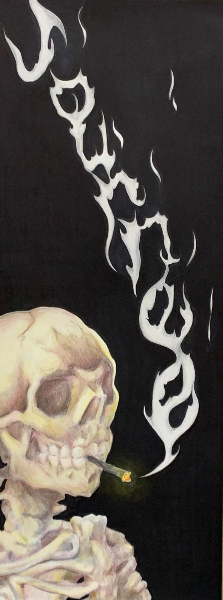 Colored pencil drawing of a skull with stylized white smoke on a black panel